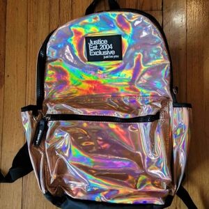 Justice Iridescent Shiny Metallic Rose Gold Backpack Missing Pompom